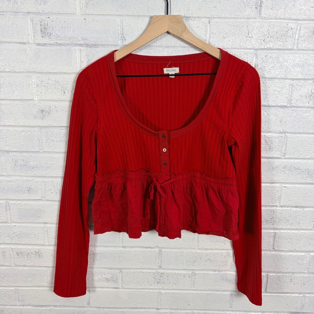 Pilcro Ribbed Henley Babydoll Top Womens S Red Long Sleeve Peplum Blouse